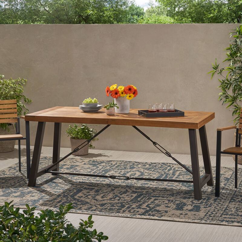 Acacia Wood Dining Table Powder Coated Metal Base Modern Industrial Outdoor - Teak