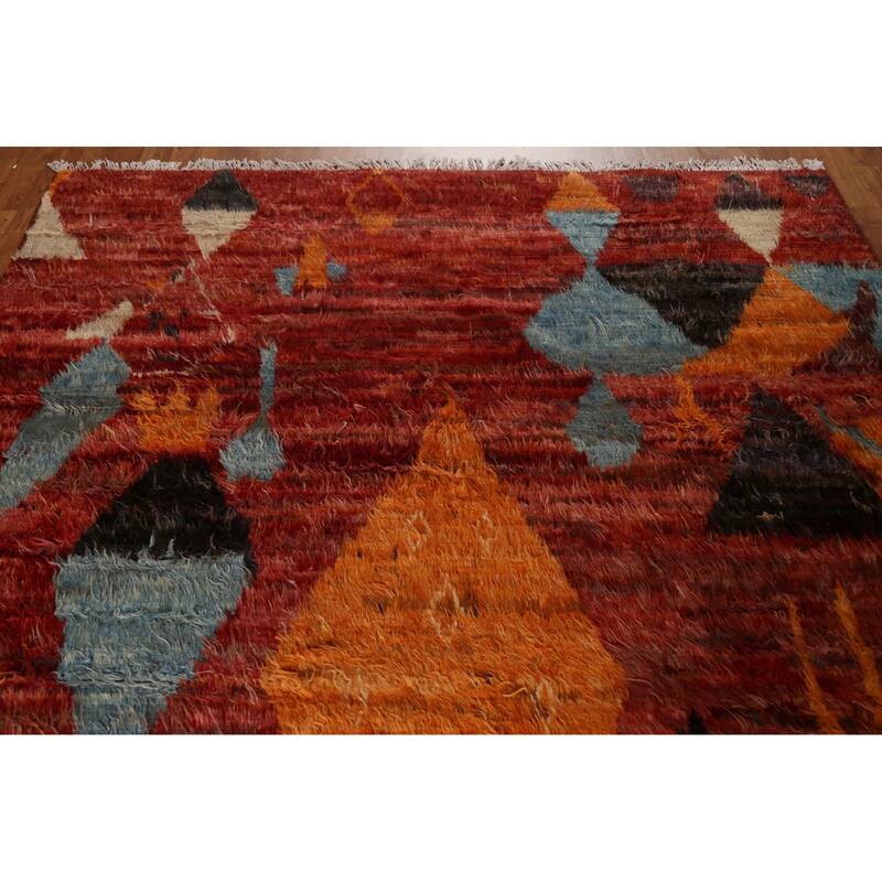 Hand Knotted Oriental 100% Wool Carpet Modern Tribal Red Moroccan Area Rug - 9' 9'' X 6' 10''