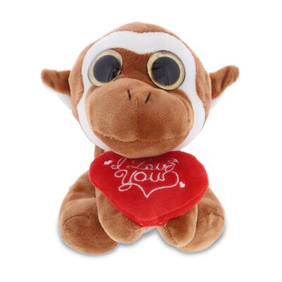 DolliBu I LOVE YOU Plush Sparkling Big Eye Monkey Animal with Heart - 6 Inches