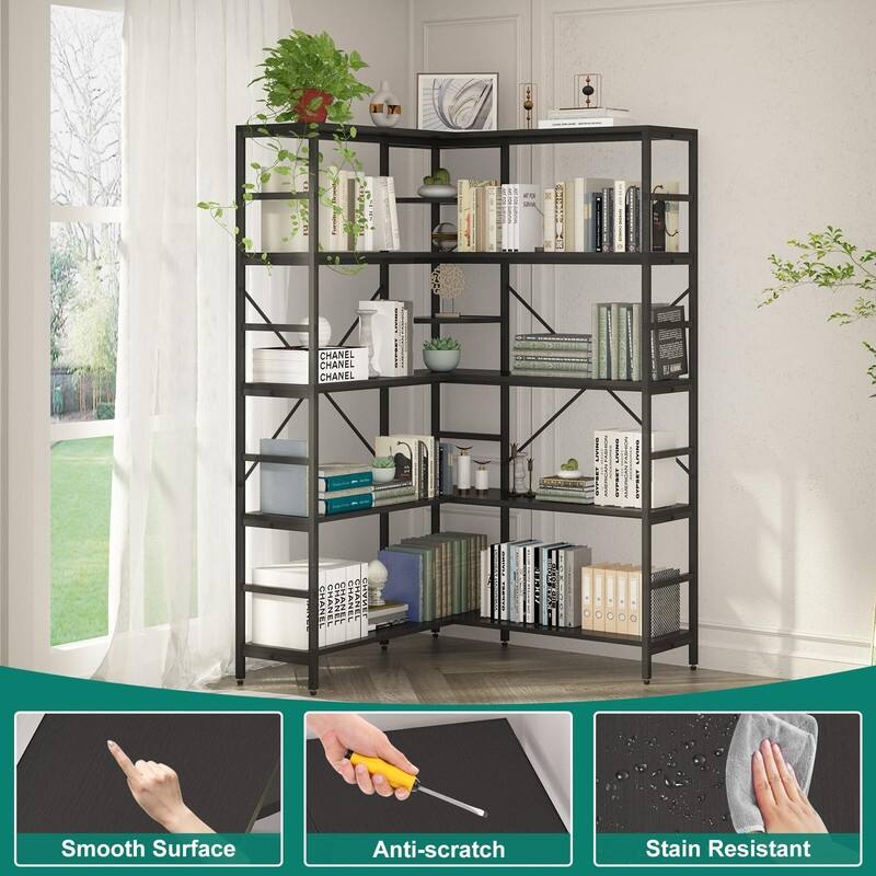 4-Tier L Shaped Industrial Bookshelf Corner Bookcase with Open Shelves and Curved Panels