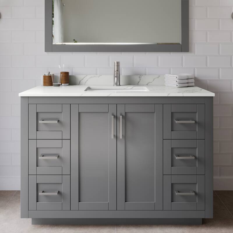 Wyndham Collection WCF292948S-QTZ-UNSM46 Miranda 48" Free Standing - Dark Gray / Giotto Quartz Top / Brushed Nickel