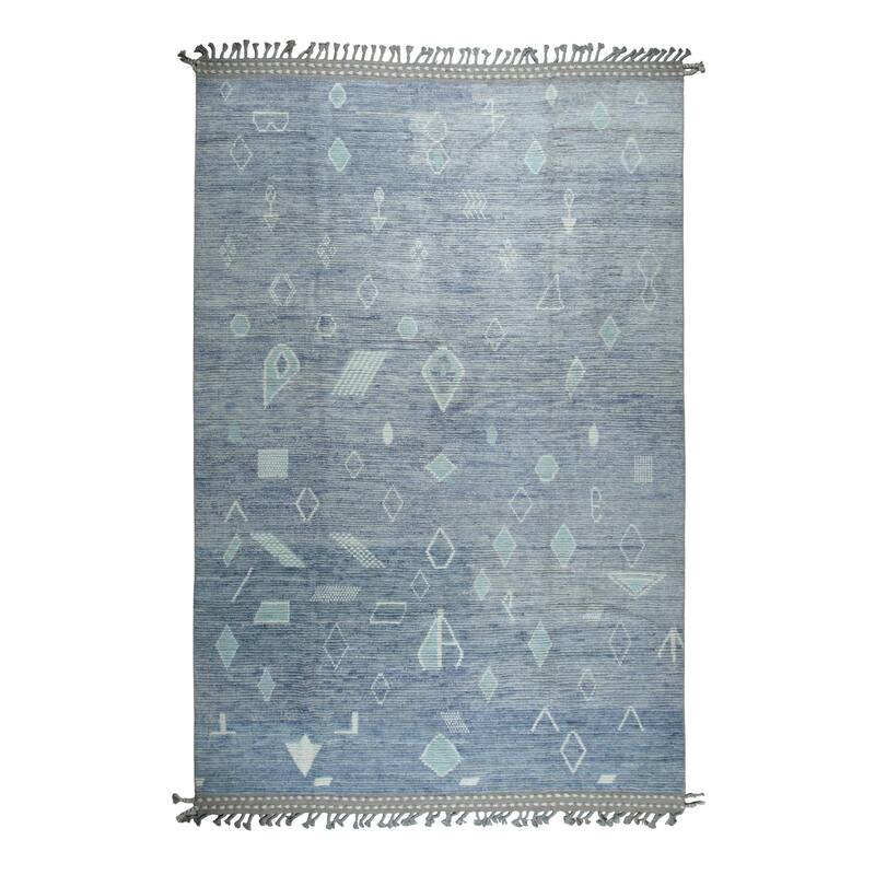 Home Decor Blue Hand-Knotted Wool Contemporary Shapes Marrakech Handspun Area Rug. Elegant and Stylish Rug for Living Room