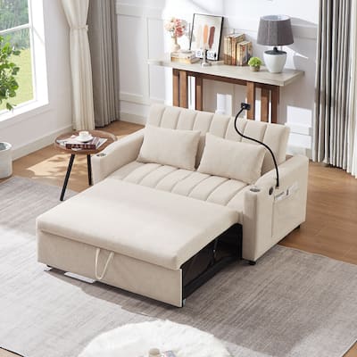 55.9" Convertible Sofa Bed Loveseat Sofa with Three USB Ports, Two Side Pockets, Two Cup Holders and 360°Swivel Phone Holder