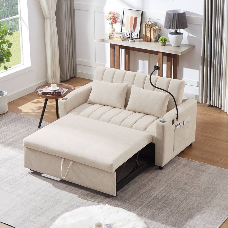 Modern Convertible Sofa Bed with 3 USB Ports, 2 Side Pockets, 2 Cup Holders and Phone Holder for Living Room and Apartment - Beige