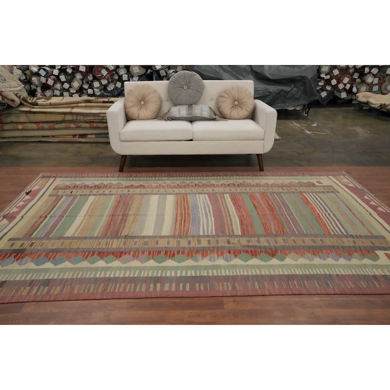 Hand Woven Oriental 100% Wool Carpet Southwestern Tribal Multi-Colored Kilim Area Rug - 9' 11'' X 6' 5''