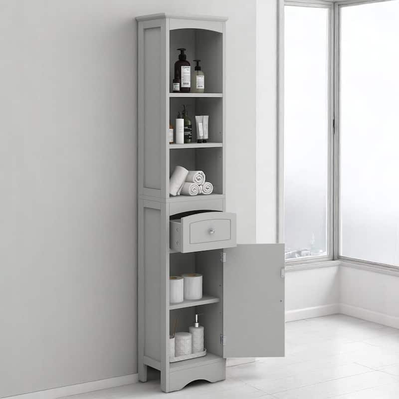 Slim Freestanding Bathroom Cabinet with Drawer and Doors, Adjustable Shelf, Waterproof MDF Storage Unit