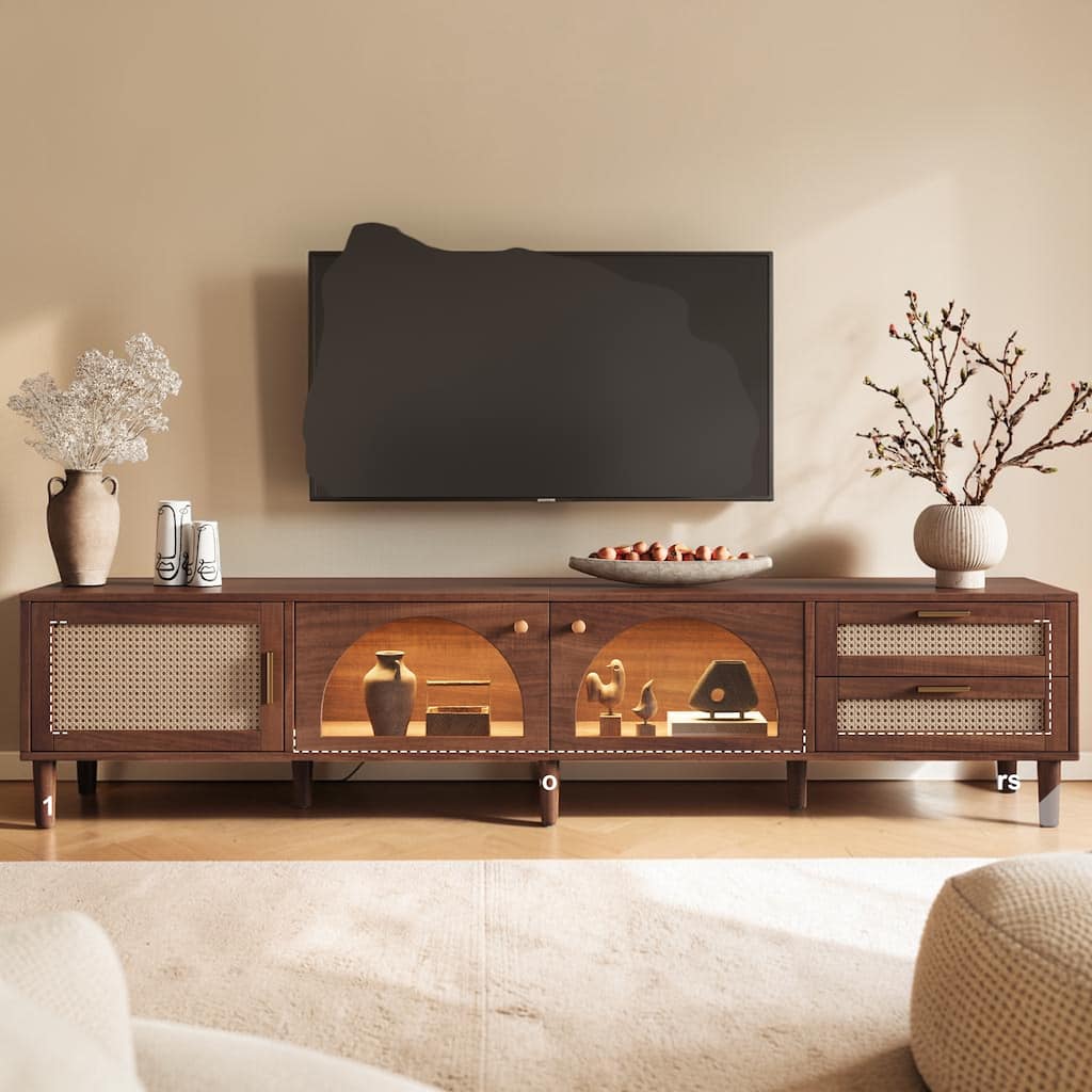 86.6" TV Stand with App Controlled LED Lights, Rattan Doors and Glass Storage for TVs Up to 90"
