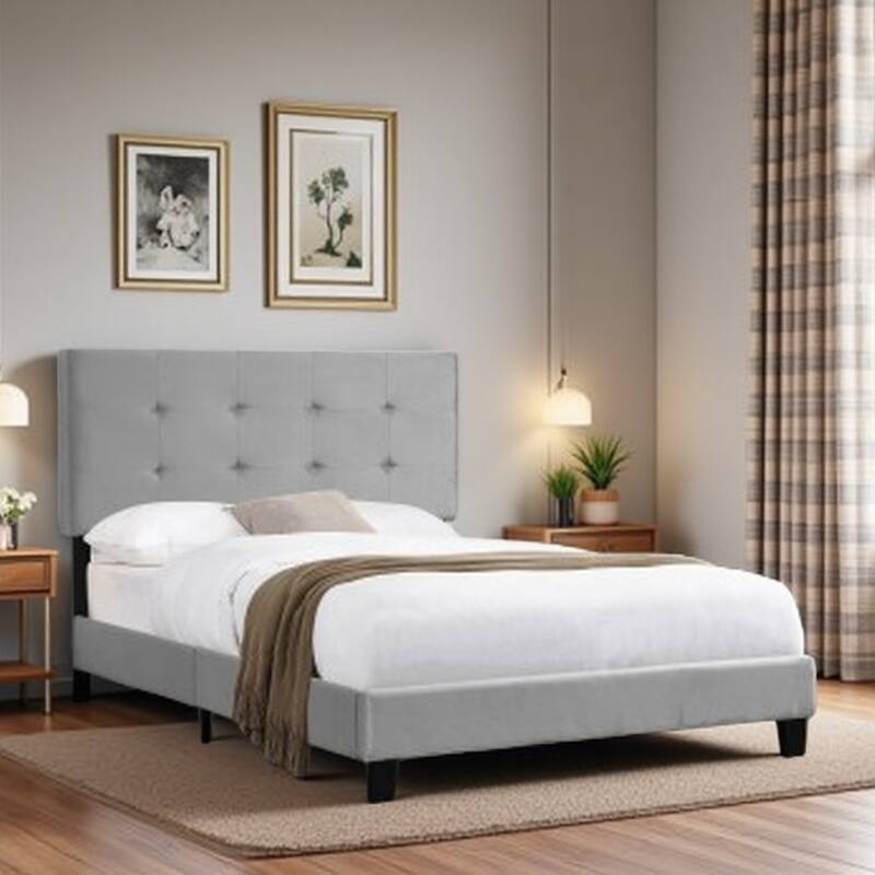 Full Size Upholstered Platform Bed Frame with Tufted Pull Point Headboard, Wood Slat Support, Mattress Foundation - Light Gray