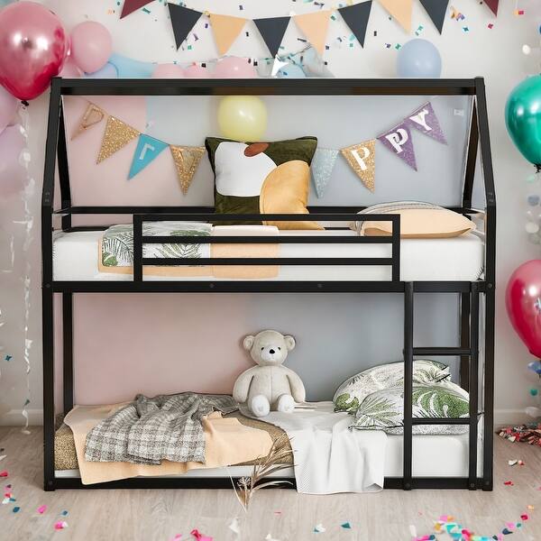 slide 2 of 13, Twin over Twin House Bunk Bed with Built-in Ladder,House Bunk Bed,Easy Assembly,Black Black