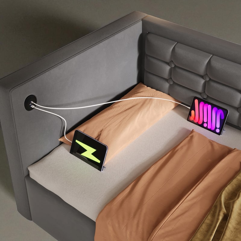 Upholstered Twin Daybed with Hydraulic Storage, USB & Type-C Charging, Velvet Frame with Wooden Slats