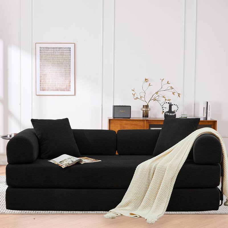Convertible Sofa Bed, Folding Floor Couch Loveseat with Pillows, Corduroy Multi‑Mode Lounger, Sleeper Mattress - Black