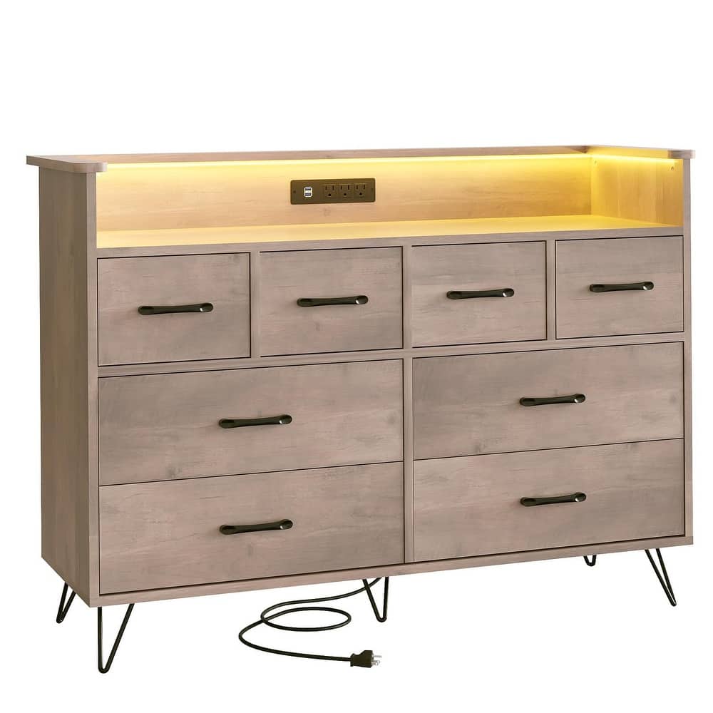 Tall Dresser for Bedroom with Charging Station & RGB Lights - 8 Drawer Wooden Dresser