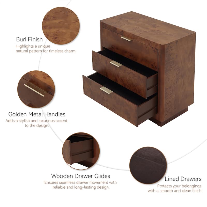 COZAYH Burl Finish Nightstand, Rustic Farmhouse Dresser, Vintage Accent Wood Storage Bedside Table, Fully Assembled