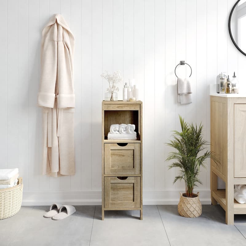 Farmhouse Bathroom Storage Organizer with Drawers and Open Shelf - Brown