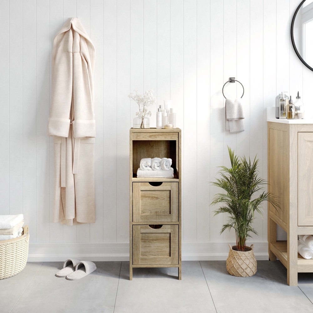 Farmhouse Bathroom Storage Organizer with Drawers and Open Shelf