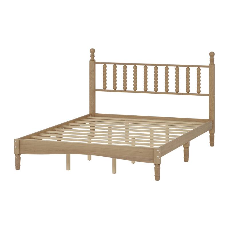 Natural Wood Queen Platform Bed with Curved Gourd Headboard, Vintage-Inspired Frame with Sturdy Slat Support