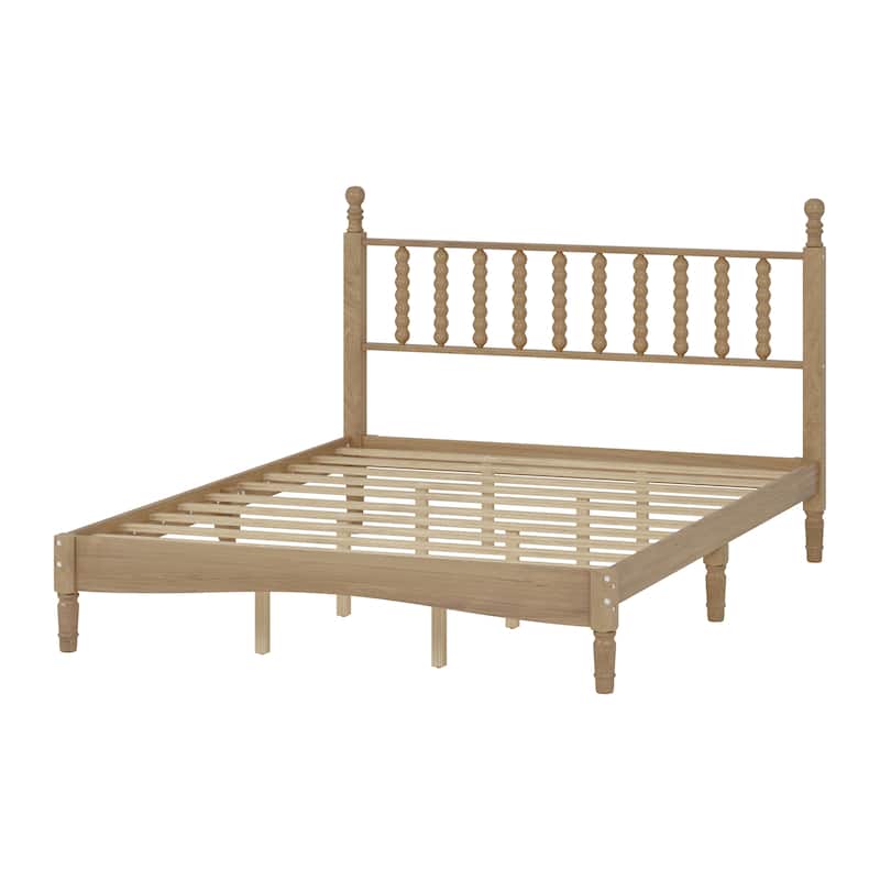 Queen Size Platform Bed Mid Century Concise Bed Frame with Wood Slats and Multi-Center Support Legs, Gourd Shaped Headboard