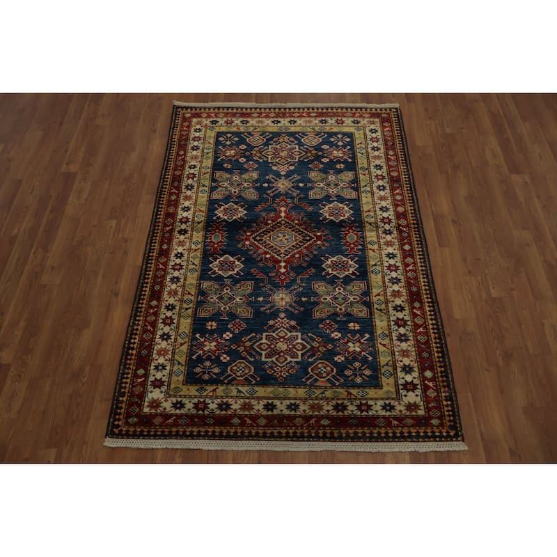 Hand Knotted Oriental 100% Wool Carpet Traditional Geometric Navy Blue & Blues Kazak Area Rug - 6' 0'' X 4' 0''