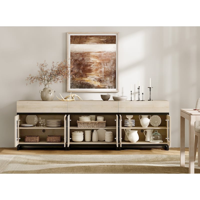 WAMPAT Modern TV Stand with Glass Doors for 110 inch TVs, Entertainment Center Console with 3 Drawers and Metal Base