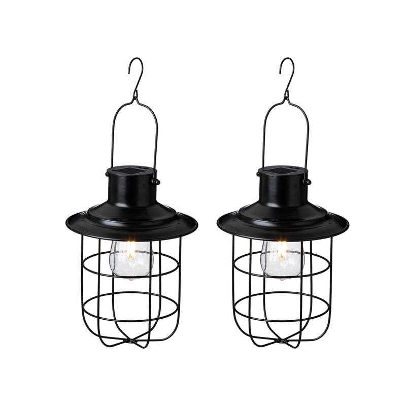 Glitzhome 9.75"H Set of 2 Industrial-Style Wire Solar Powered Outdoor Hanging Lantern