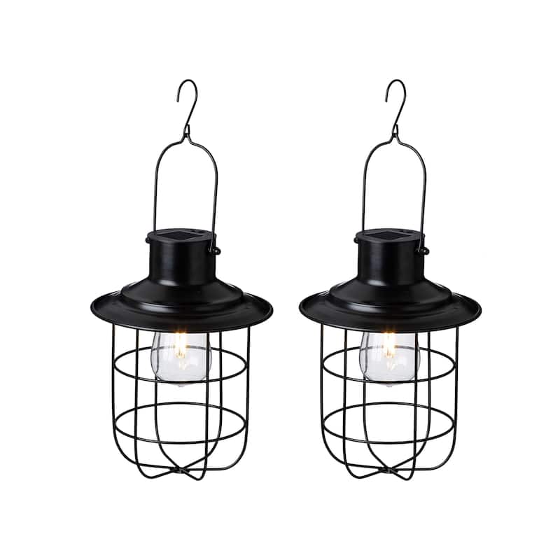 Glitzhome Set of 2 Metal Wire Solar Powered Outdoor Hanging Lantern - Black