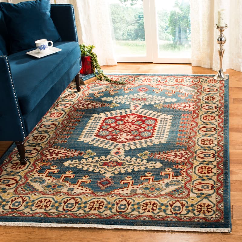 SAFAVIEH Kashan Gerri Oriental Rug with Fringe - 5'1" x 7'5" - Navy Blue/Ivory