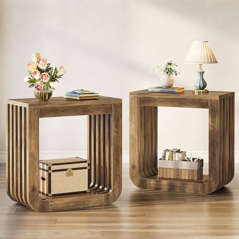 Farmhouse Side Table with Slatted Open Frame for Living Room Bedroom Small Spaces, Brown - 2pcs