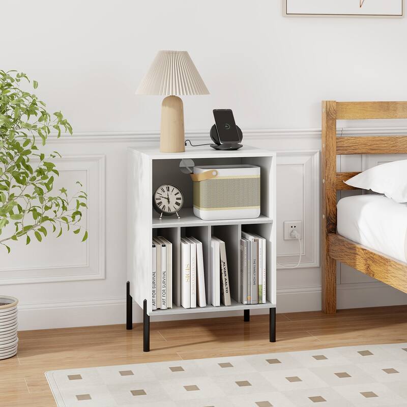 Gymax Record Player Stand w/Charging Station 5 Storage Compartments