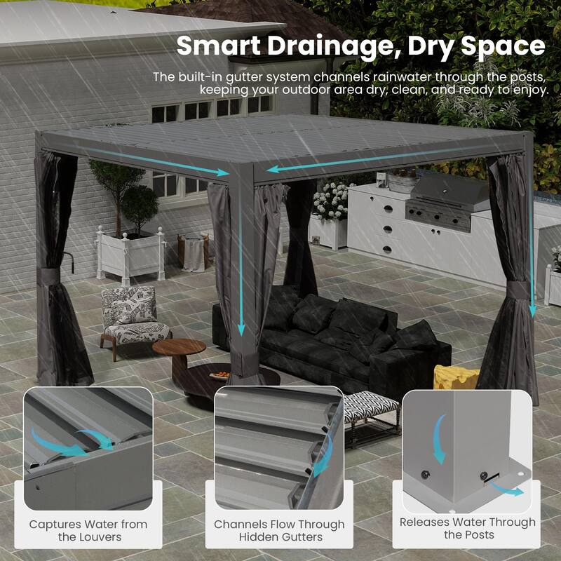 10x10 FT Adjustable Louvered Pergola with Integrated Gutter System, All-Weather Aluminum Construction