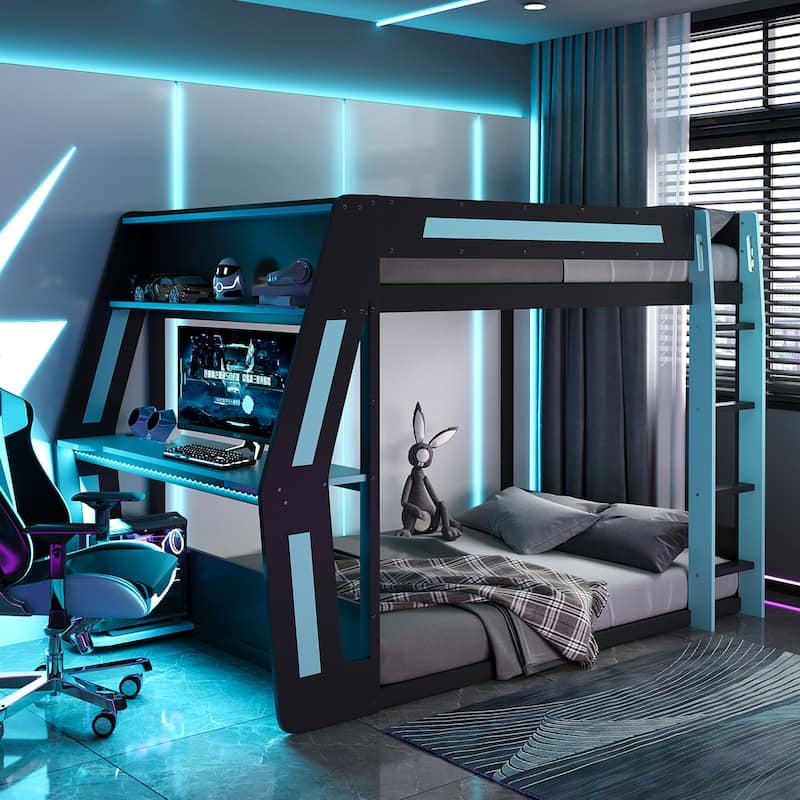Esports Loft Bed Full Over Full Bunk Bed Frame with Side Mounted Desk, Light Strip, Charging Station and Cable Grommet - Blue - Full