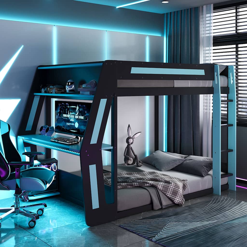 Gaming Loft Bed with Desk LED USb Shelf Full Size