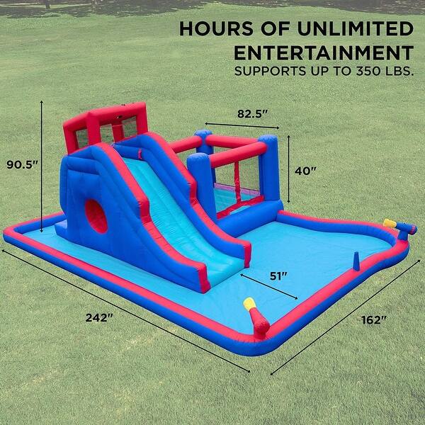 Sunny & Fun 2-in-1 Bounce & Blast Inflatable Water Slide Park & Bounce House with Air Pump - Blue