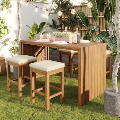 5-Piece Acacia Wood Bar-Height Patio Set with Cushioned Stools