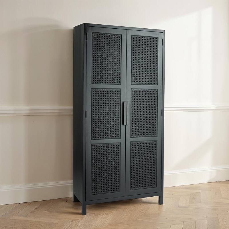 Mango Wood and Cane Curio Cabinet with 3 Shelves and 2 Doors