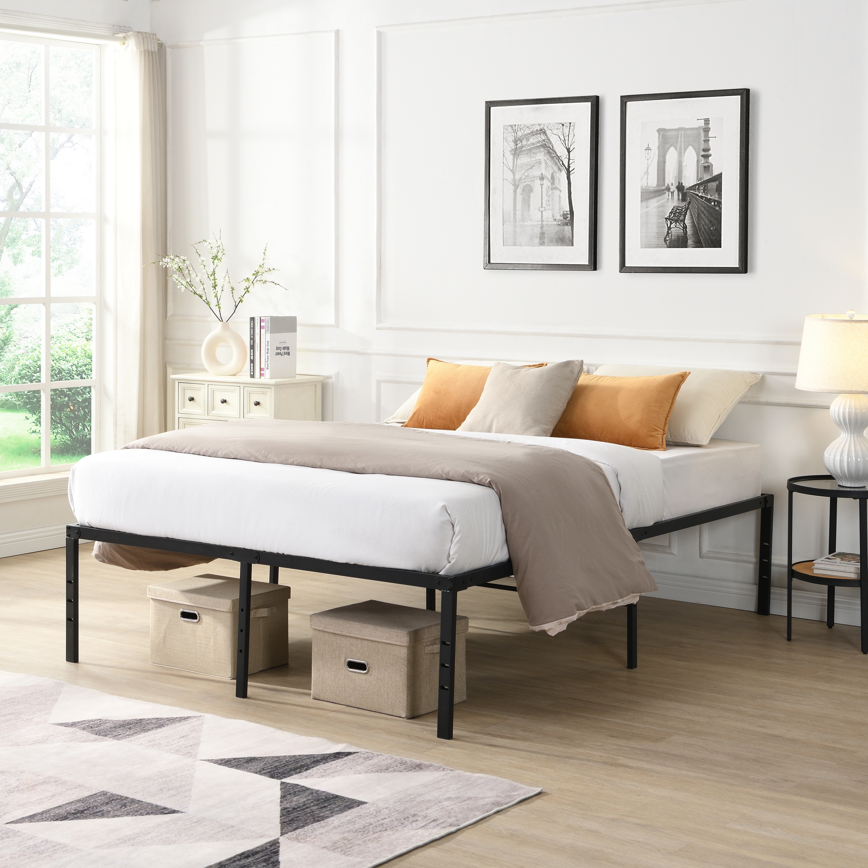 Metal Bed Frame, Full Size Bed Frame with Storage Space, Heavy Duty Sturdy Mattress Foundation, for Bedroom, Apartment