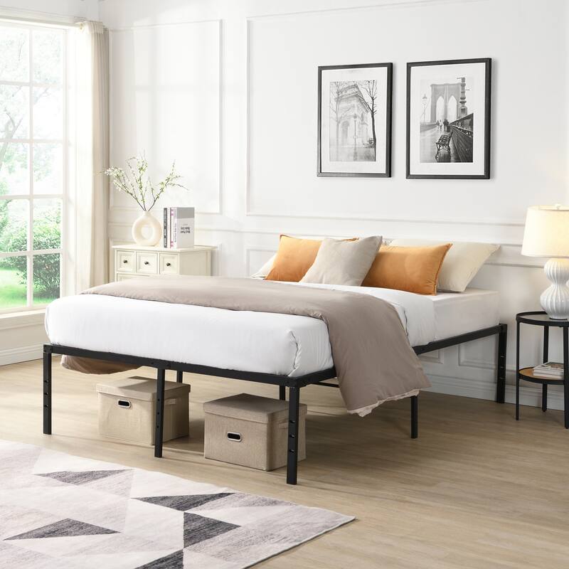 Metal Bed Frame, Full Size Bed Frame with Storage Space, Heavy Duty Sturdy Mattress Foundation, for Bedroom, Apartment - Black