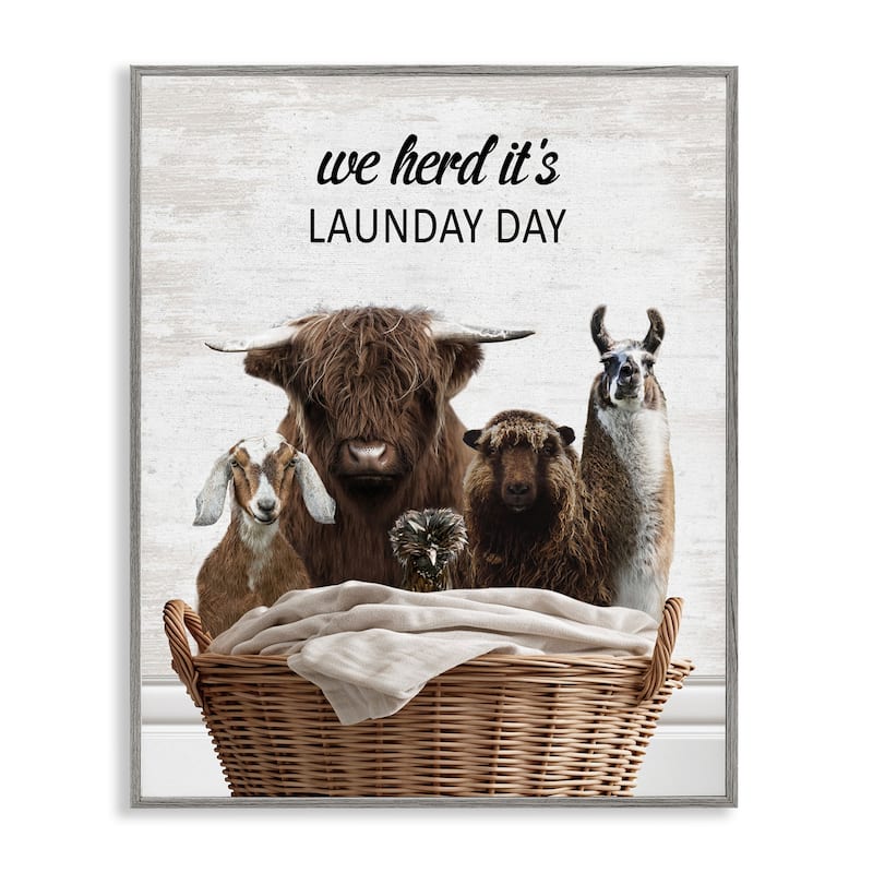 Stupell Herd It's Laundry Day Animals Framed Giclee Art Design By Lettered and Lined - 16 x 20 - Grey
