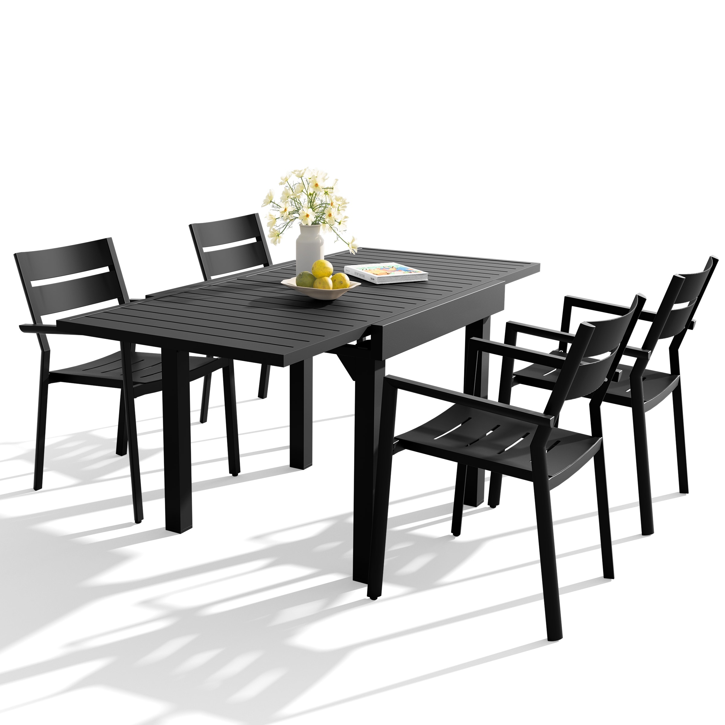 VredHom 5-PC Outdoor Patio Aluminum Expandable Rectangle Table Dining Set with Chairs