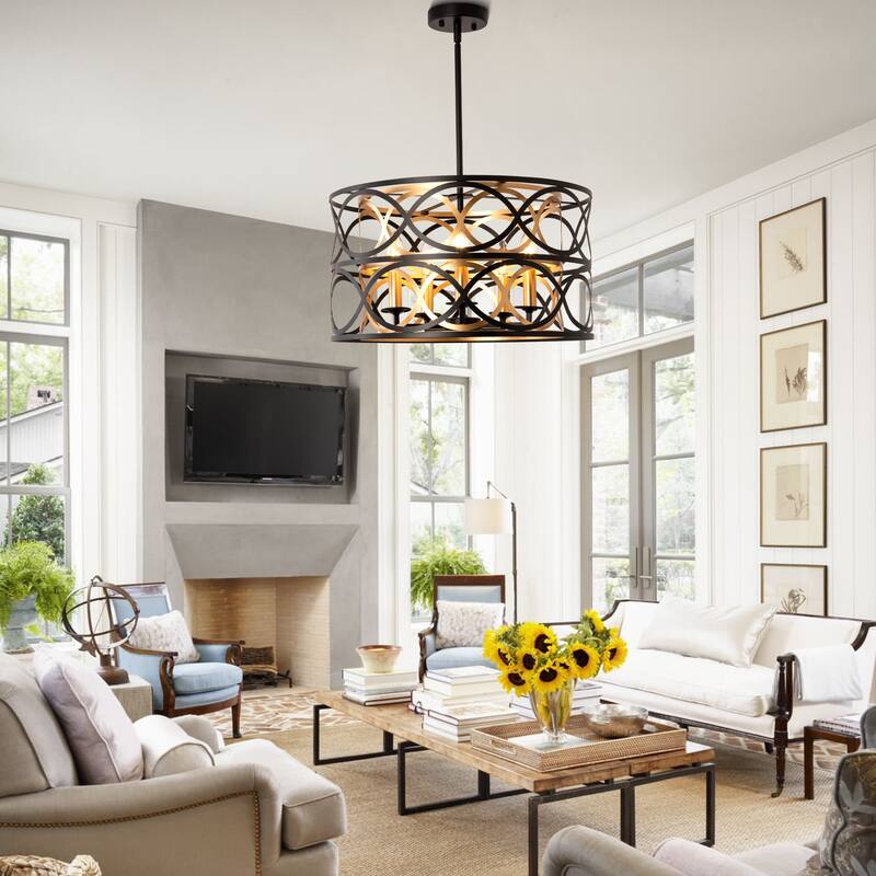 CurveCurio 20" Elegant Black Metal 5-Light Chandelier with Adjustable 40" Hanging Chain for Dining and Living Rooms