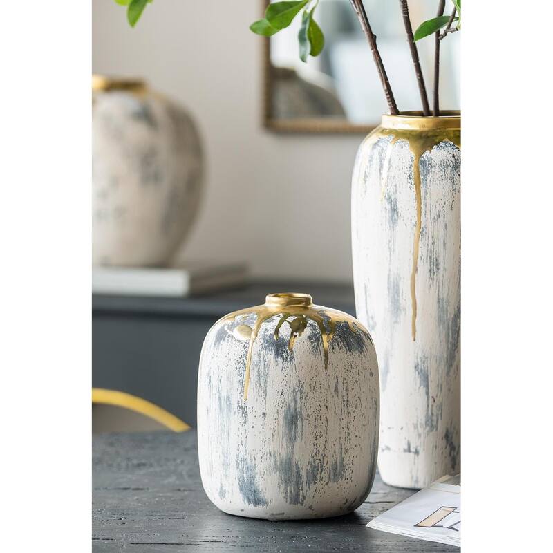 8" Gray Ivory And Gold Modern Abstract Ceramic Table Vase - 6.30
