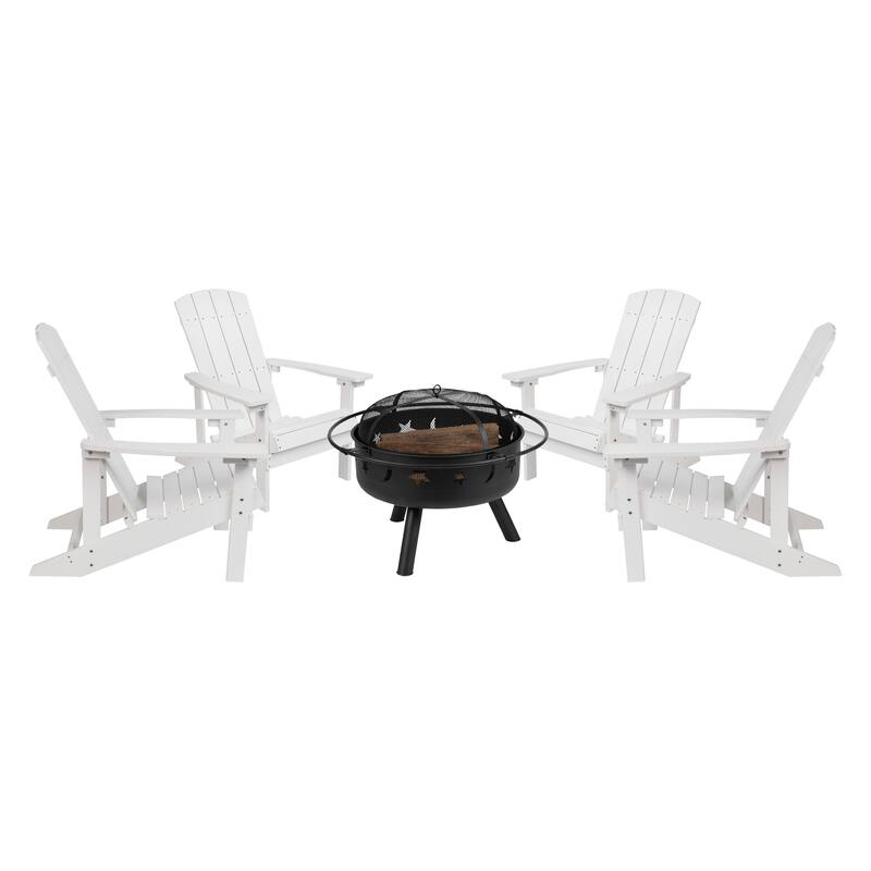 Star and Moon Fire Pit with Mesh Cover & 4 Poly Resin Adirondack Chairs