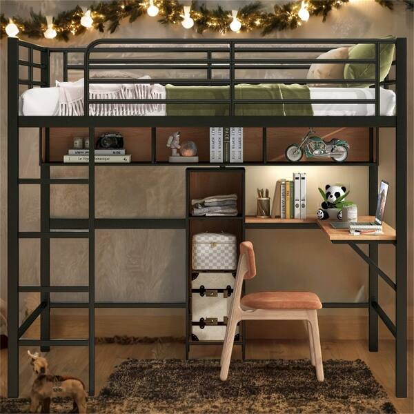 slide 2 of 12, Full Size Loft Bed with Desk and Shelves, Black/Brown Black
