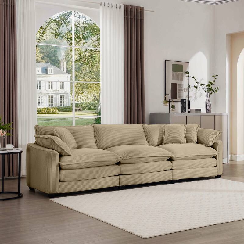 GDFStudio-Shanks Corduroy Three-Seater Sofa with Arm and Throw Pillows - Tan