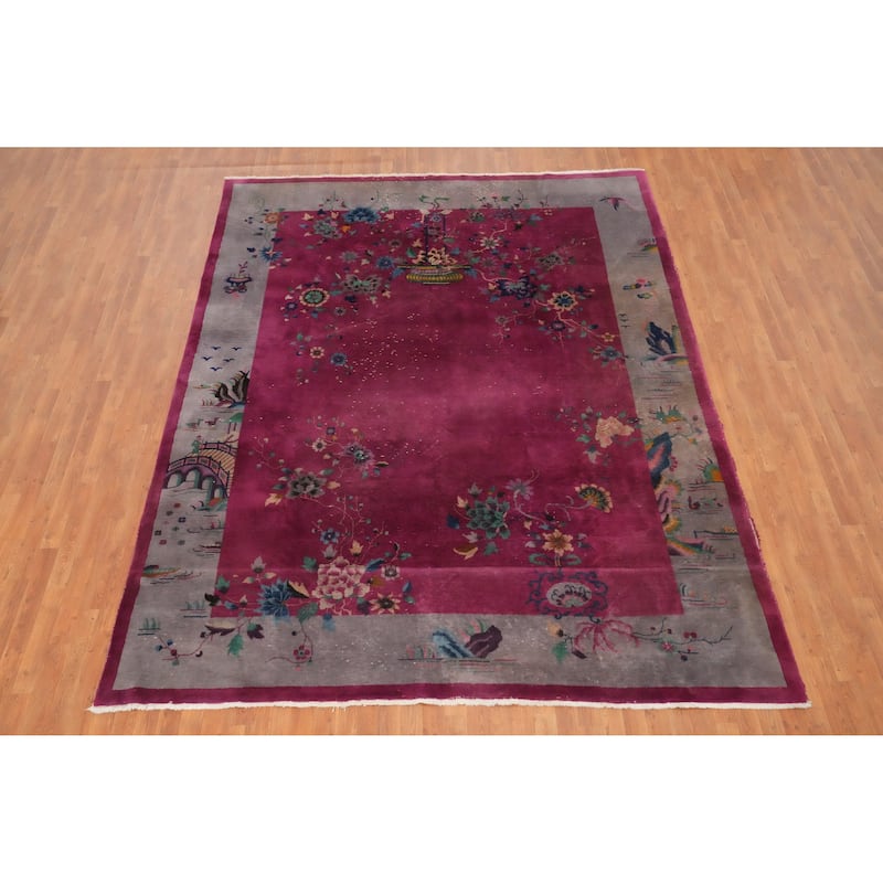 Hand Knotted Oriental 100% Wool Carpet Traditional Floral Pink Art Deco Nichols Area Rug - 11' 4'' X 8' 10''