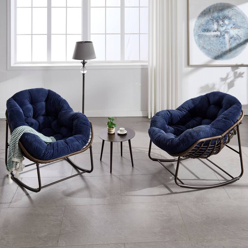 Outdoor Rattan Rocking Chair,Padded Cushion Rocker Recliner Chair Outdoor for Front Porch, Living Room, Patio, Garden, Navy blue