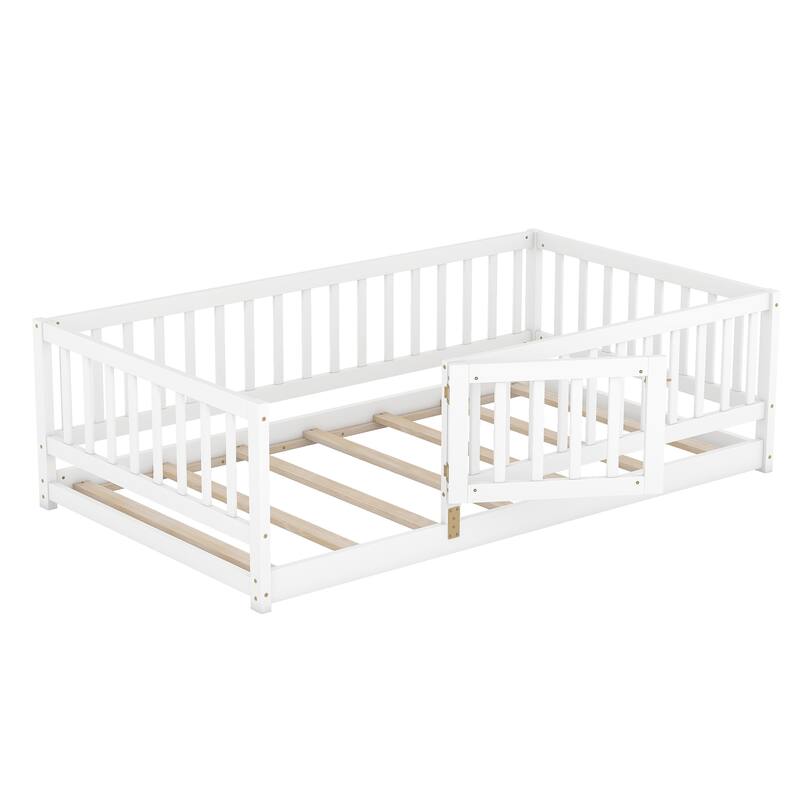 GDF Studio - Maeve Montessori Wooden Floor Bed with Fence, Door, and Slatted Support