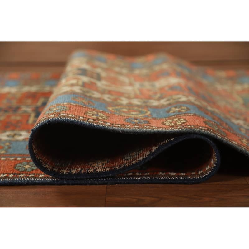 Hand Knotted Oriental 100% Wool Carpet Traditional Geometric Oranges & Rust Heriz (serapi) Runner Rug - 12' 7'' X 2' 10''