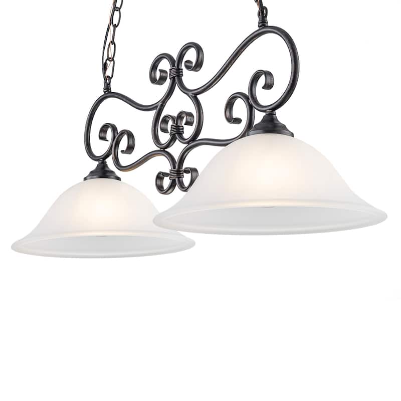 Matte Black 2-Light Linear Chandelier with Bell Glass Shades - Dia.32.28-in