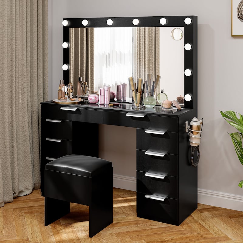 Moasis Mirror and Lights Vanity Desk Makeup Vanity Set with Glass Top and 10-Drawer, Charging Station, Dressing Table