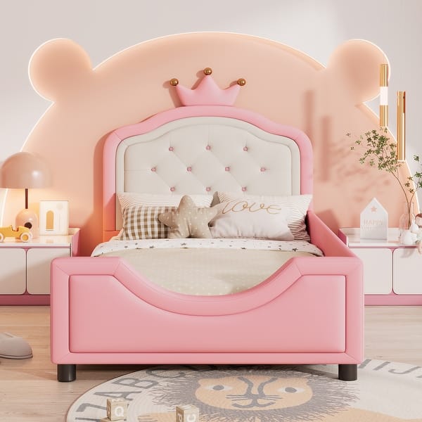 slide 2 of 9, Cute Princess Twin Size Platform Bed with Upholstered Headboard Pink